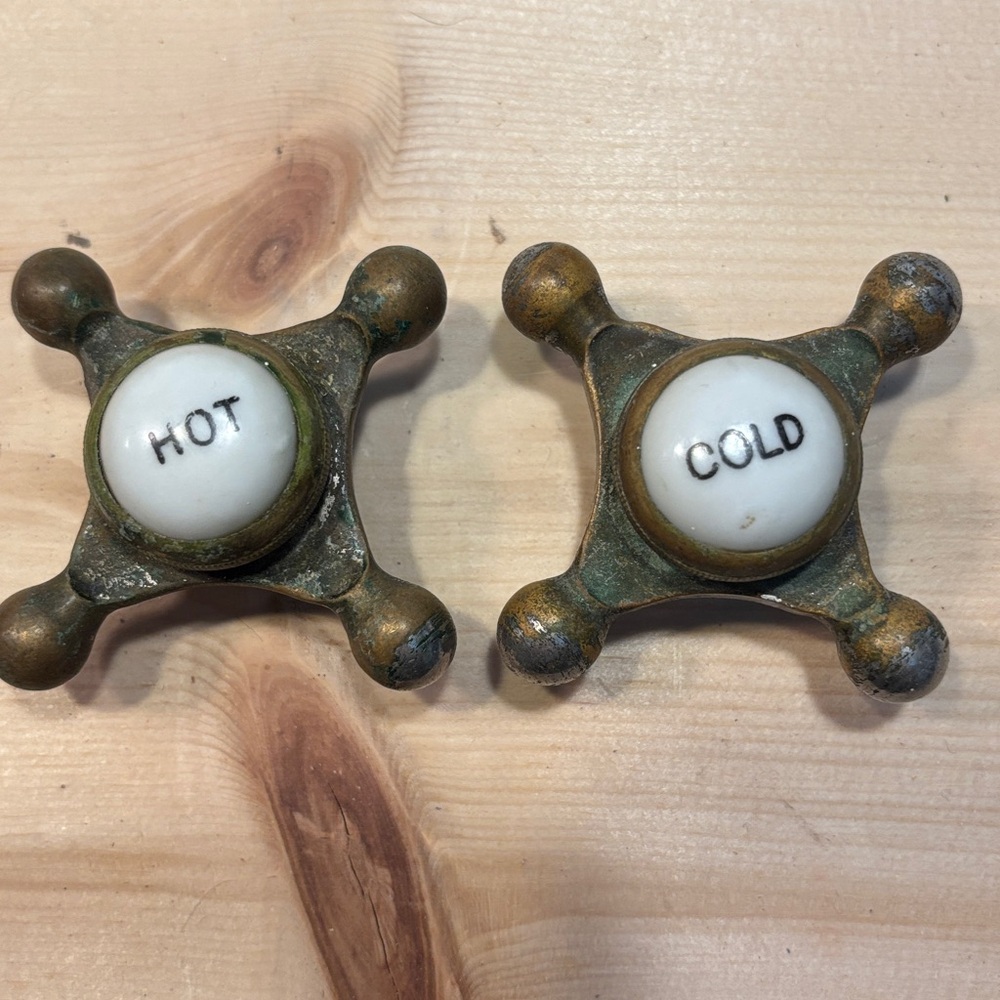 Vintage Antique Solid Brass Metal Water Faucet HOT COLD porcelain handles bath